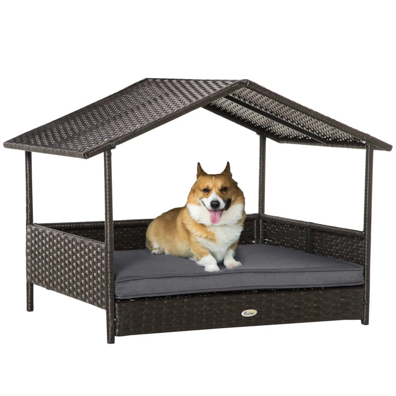 PawHut Grey Wicker Dog Bed - Elevated Rattan Dog House with Removable Cushion and Canopy - Ideal for Small and Medium Dogs - 98 x 69 x 70cm