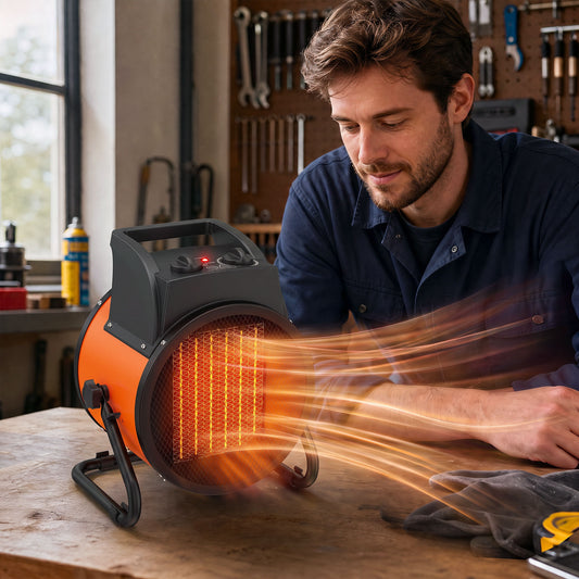 Electric ceramic space heater with orange body and glowing heating element, on stand legs