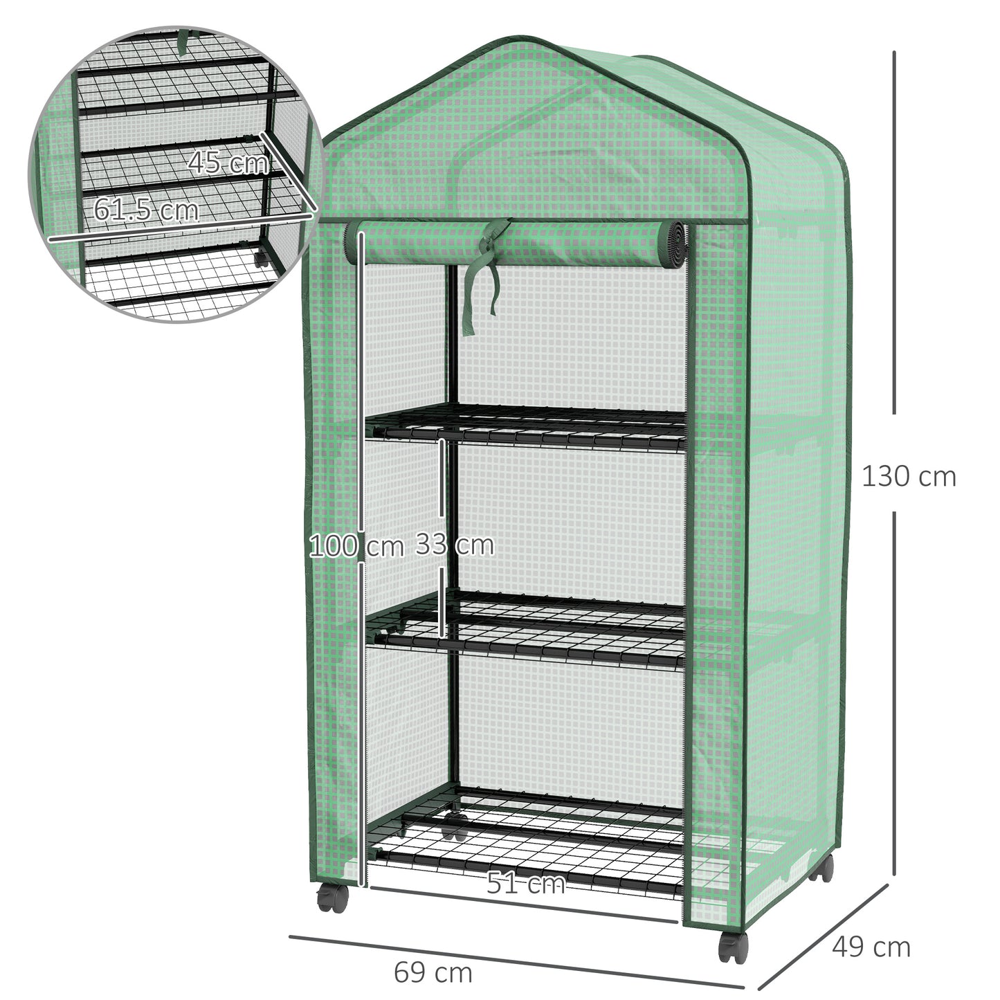 Outsunny Compact Three-Tier Greenhouse with Wheels - Green