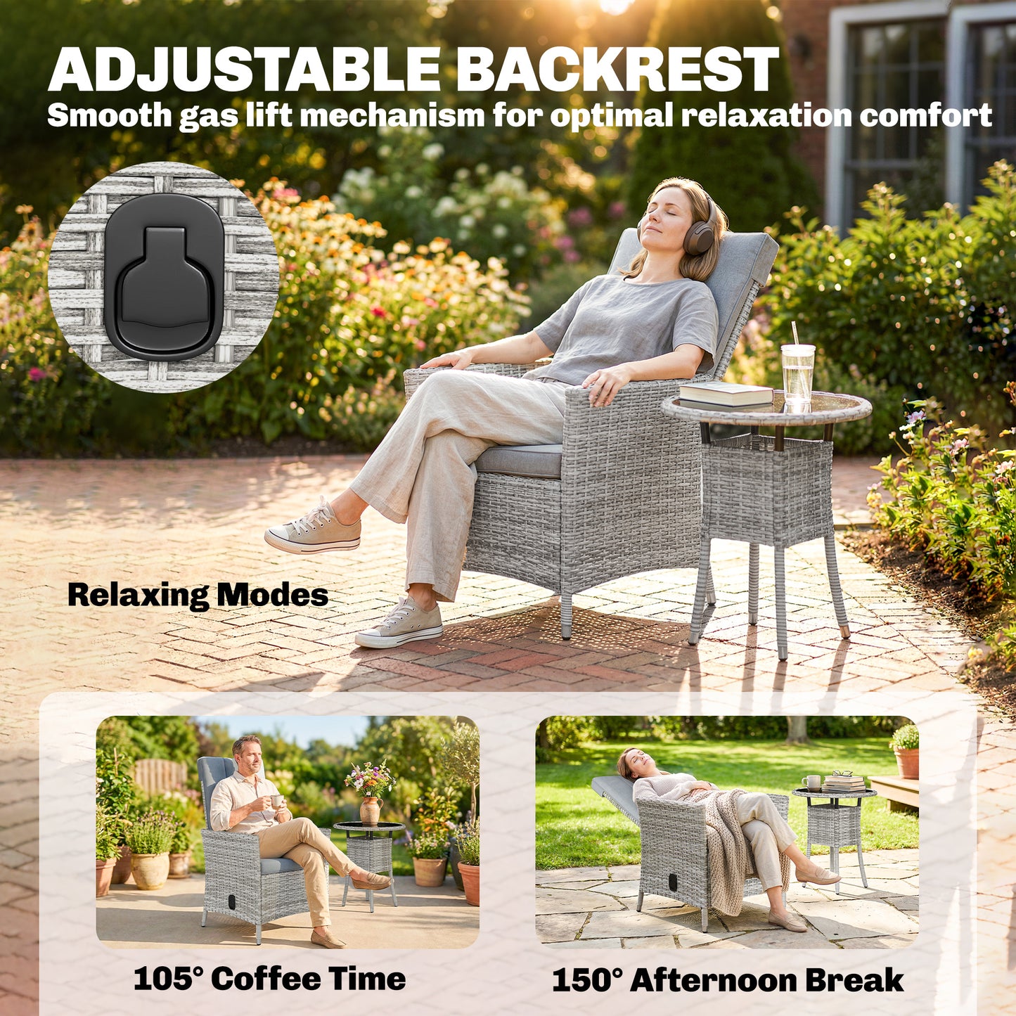 Outsunny Rattan Bistro Set With Reclining Garden Chairs Glass Coffee Table Cushions For Patio Balcony Light Grey