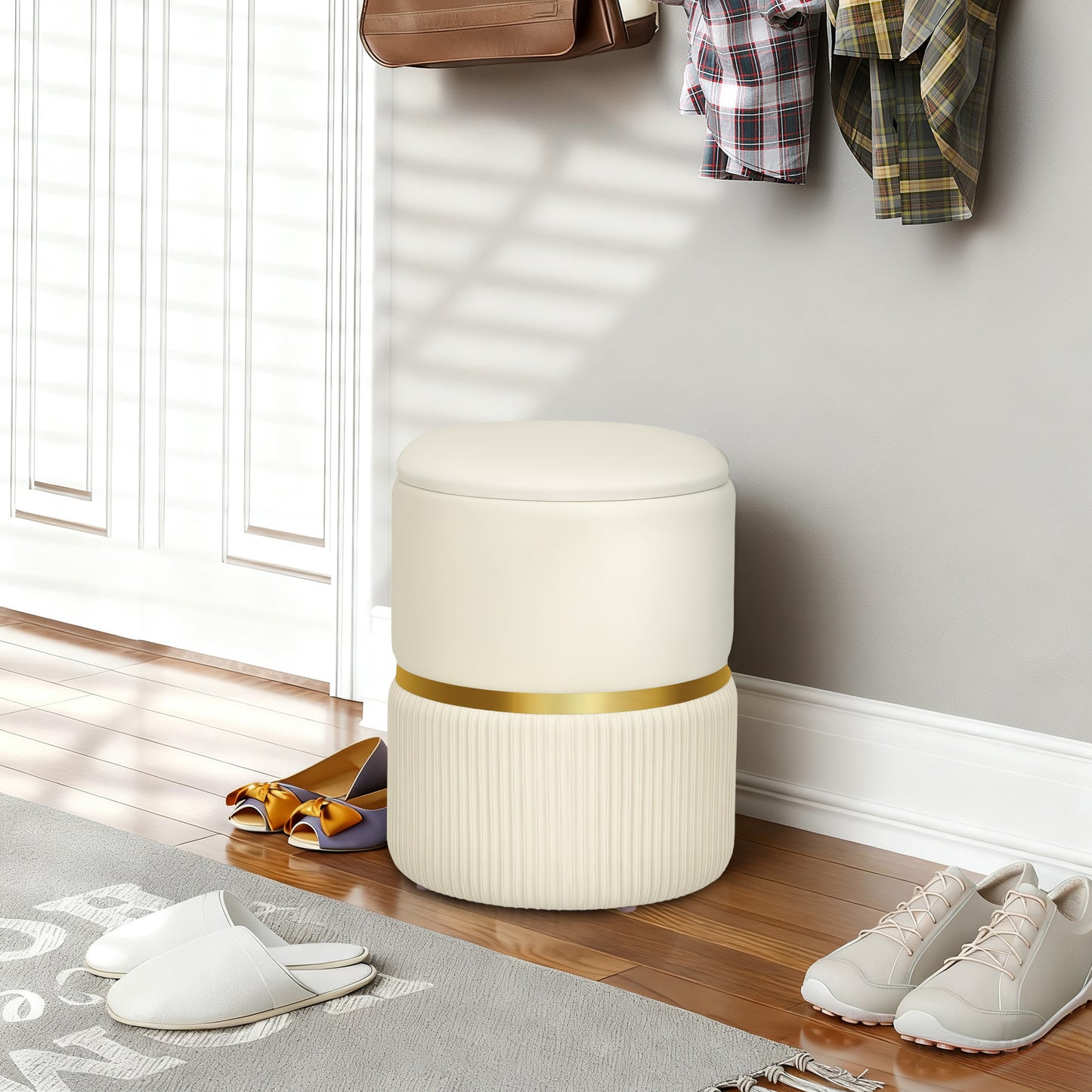 HOMCOM Velvet Upholstered Round Storage Ottoman With Removable Top Padded Seat And Hidden Storage Beige