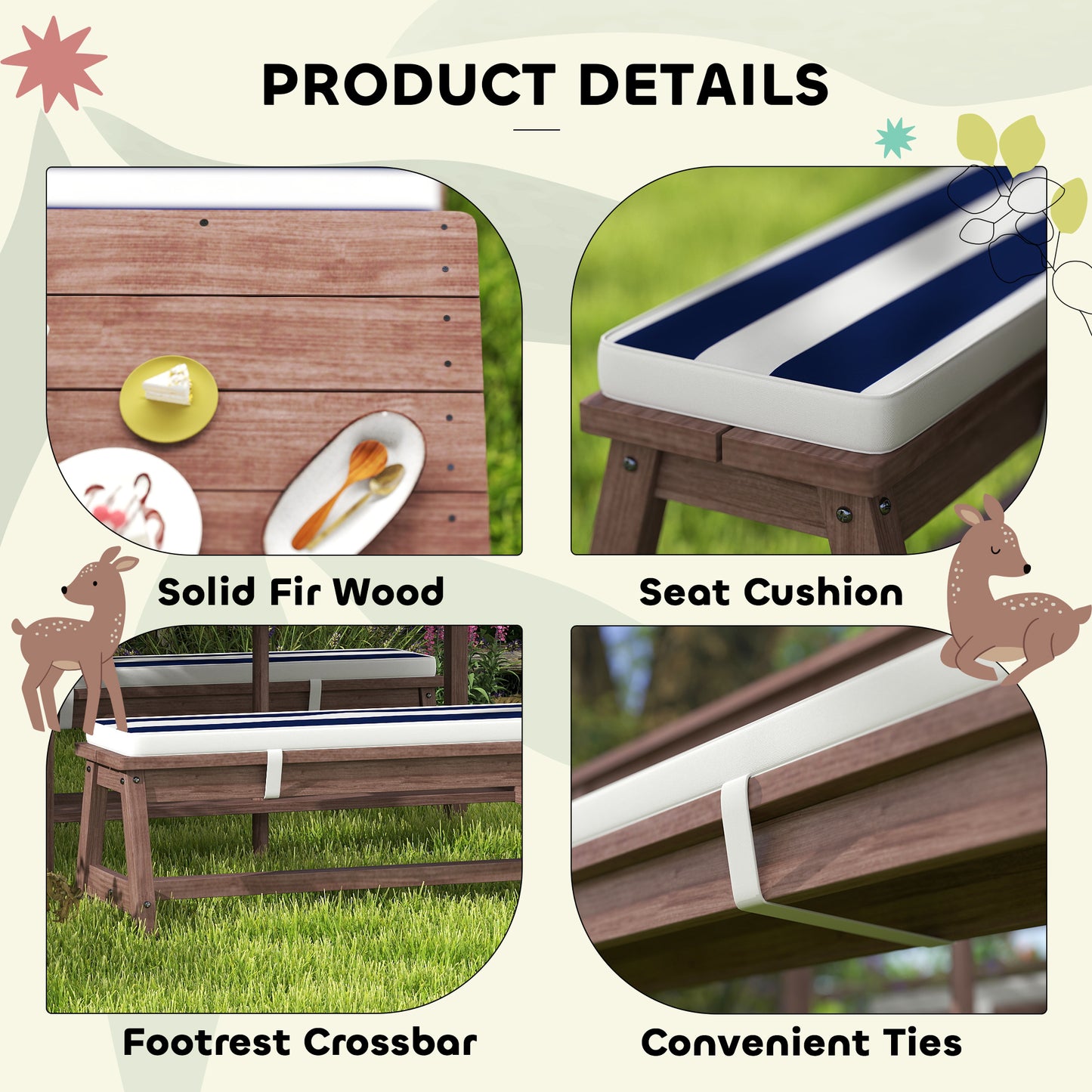 AIYAPLAY Outdoor Wooden Kids Picnic Table Bench Set With Cushions And Umbrella Navy Blue For Patio Garden Seats Four