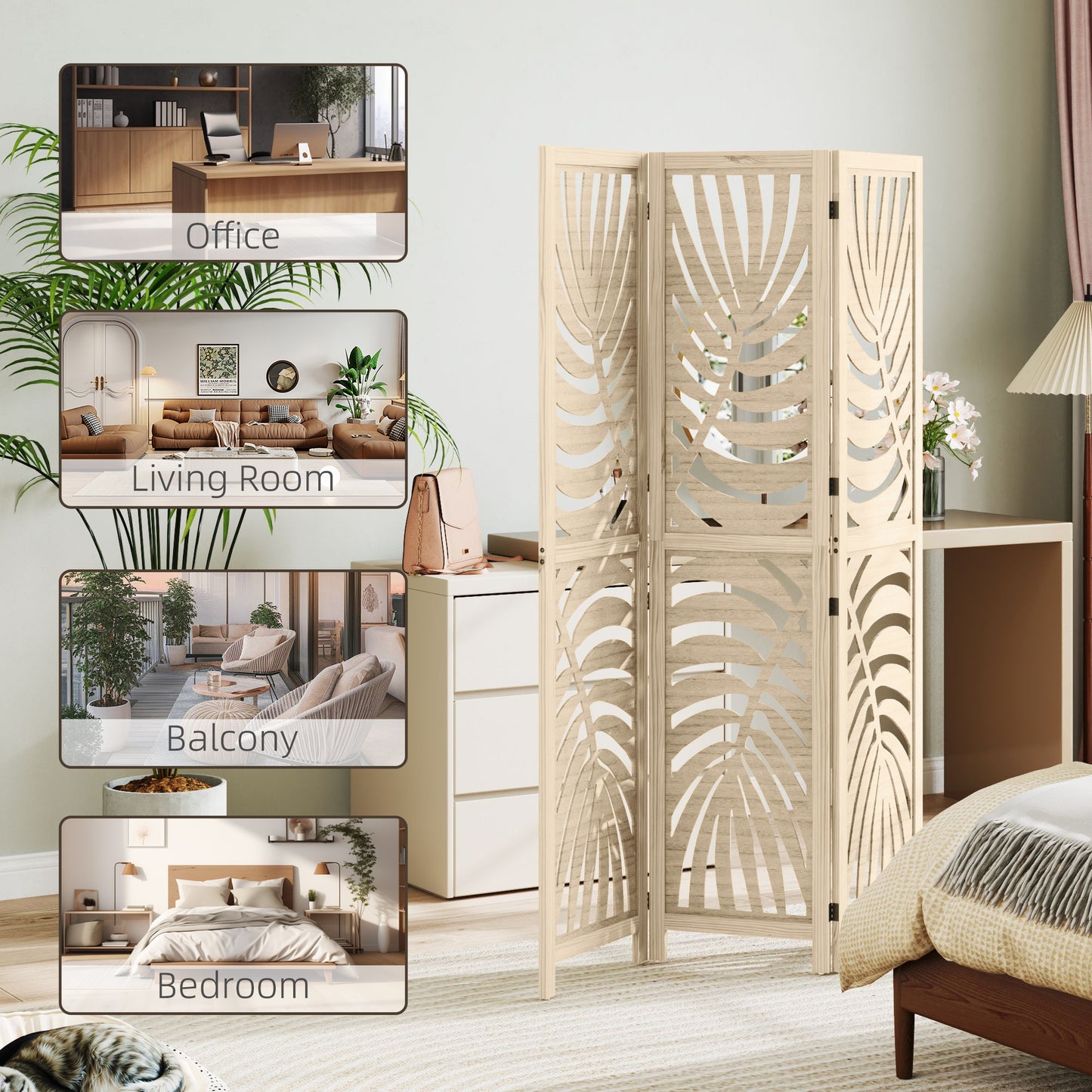 HOMCOM 3 Panel Room Divider With Palm Leaf Design Detachable Folding Privacy Screen Wood Finish For Home Office