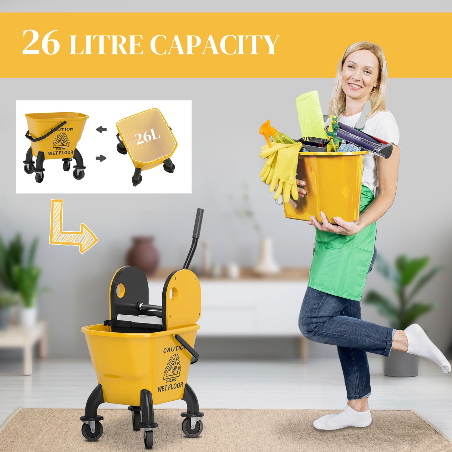 HOMCOM 26 Litre Mop Bucket With Wringer And Mop Yellow For Efficient Floor Cleaning
