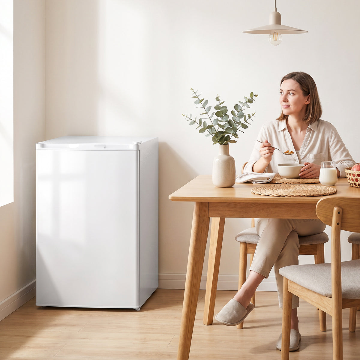 White mini upright freezer on a floor near a dining table with a person