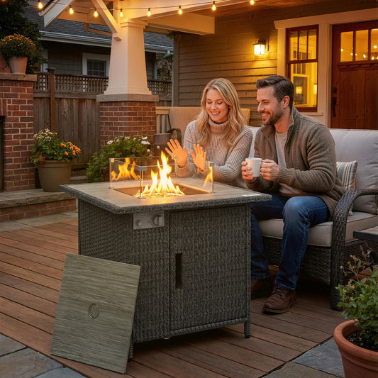 Outsunny 14.5 KW Rattan Gas Fire Pit Dining Table With Rain Cover Wind Guard Lid Lava Rocks Dark Grey