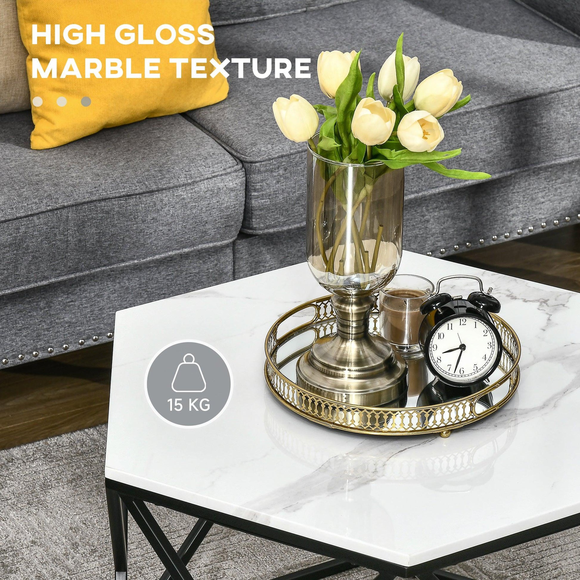 HOMCOM Modern White Marble Coffee Table with Steel Frame for Living Room - ALL4U RETAILER LTD