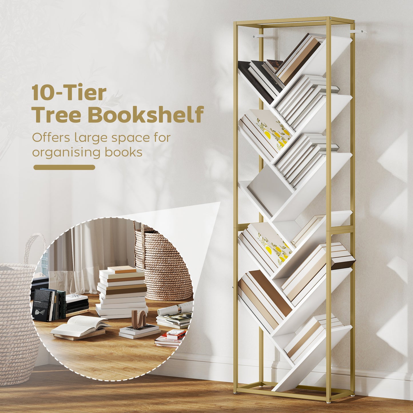 HOMCOM 10 Shelf Modern Style Tree Bookshelf Gold Tone White Tall 170 cm Space Saving Floor Standing