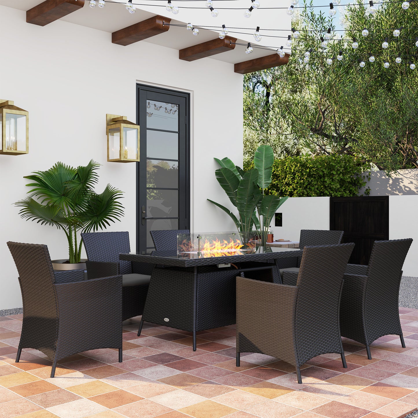 Outsunny 7 Piece Outdoor Rattan Garden Furniture Set With Fire Pit Table 6 Chairs 50000 BTU Propane Heater Black