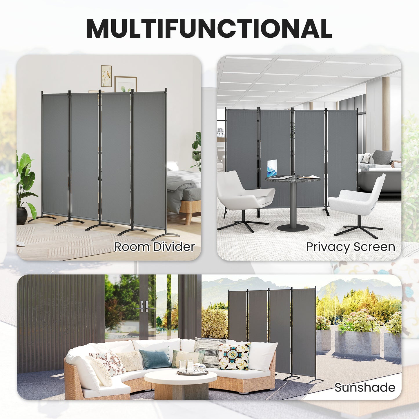 Outsunny 4 Panel Folding Room Divider 1.7m Privacy Screen Metal Partition For Office Living Bedroom Dining Dark Grey