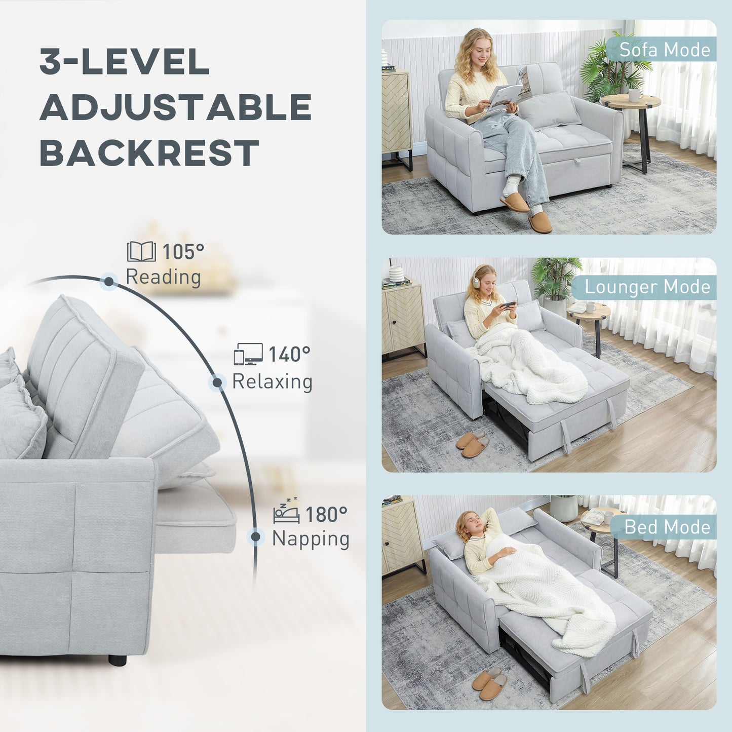 HOMCOM 2 Seater Sofa Bed 3 In 1 Convertible Sleeper With Adjustable Backrest Click Clack And Two Pillows Light Grey