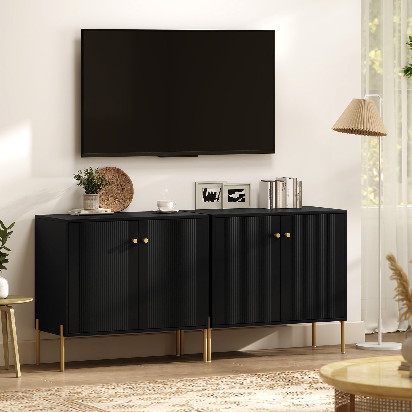HOMCOM Sideboard Buffet Cabinet With Fluted Doors And Adjustable Shelf Black Coffee Bar Storage
