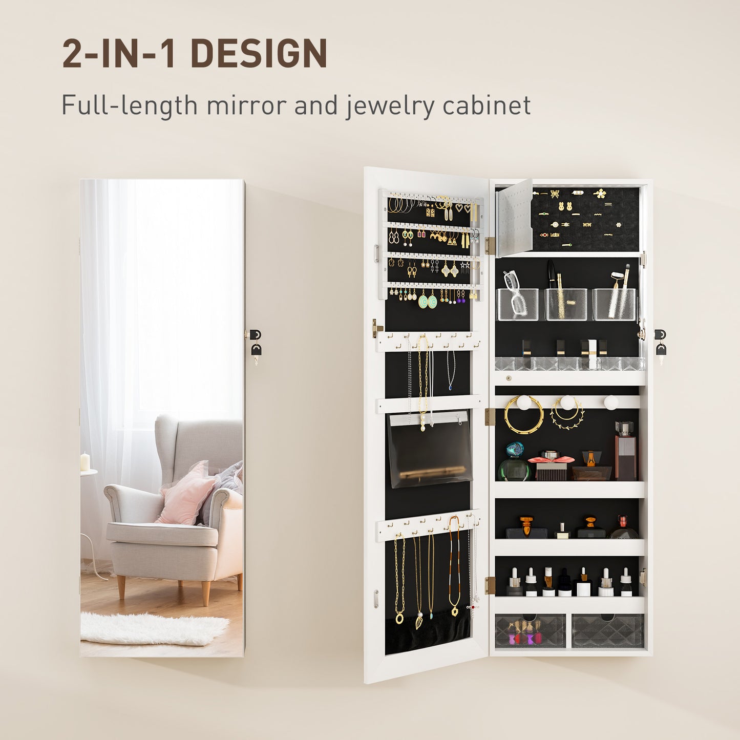 HOMCOM Lockable Jewellery Cabinet With LED Lights 108 x 37cm White Surface Black Lining Mirrored Jewellery Organizer