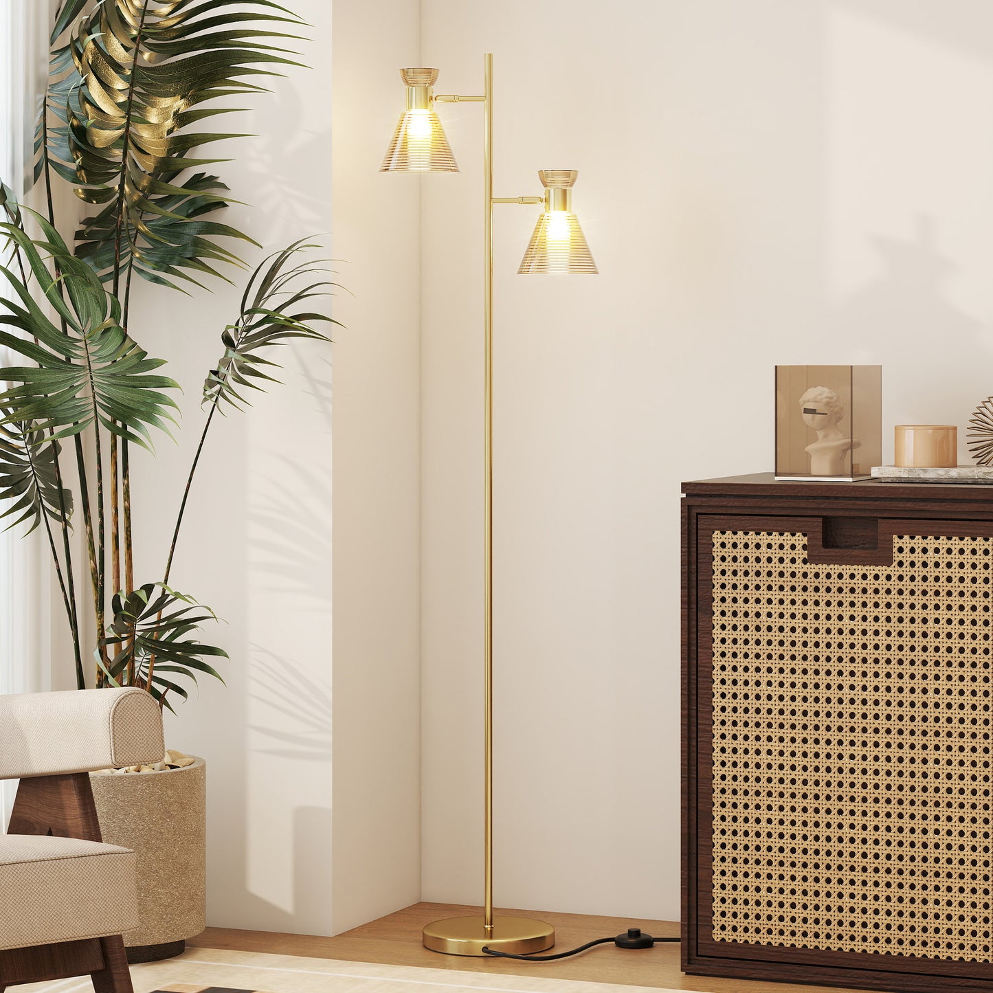 HOMCOM Adjustable Dual Head Floor Lamp With Floral Glass Shades Gold Tone E27 Socket Foot Switch Living Room Bedroom