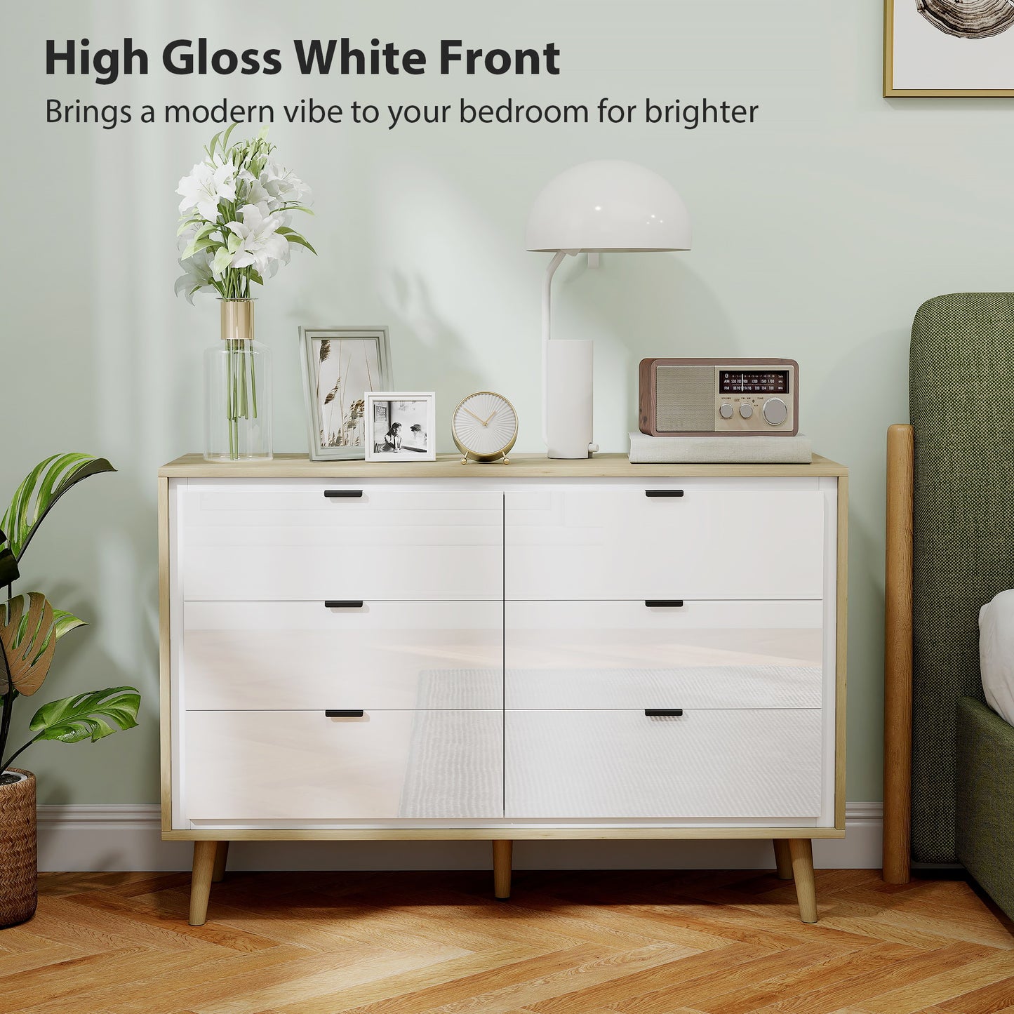 HOMCOM White High Gloss Chest of Drawers with Six Drawers and Five Legs for Bedroom