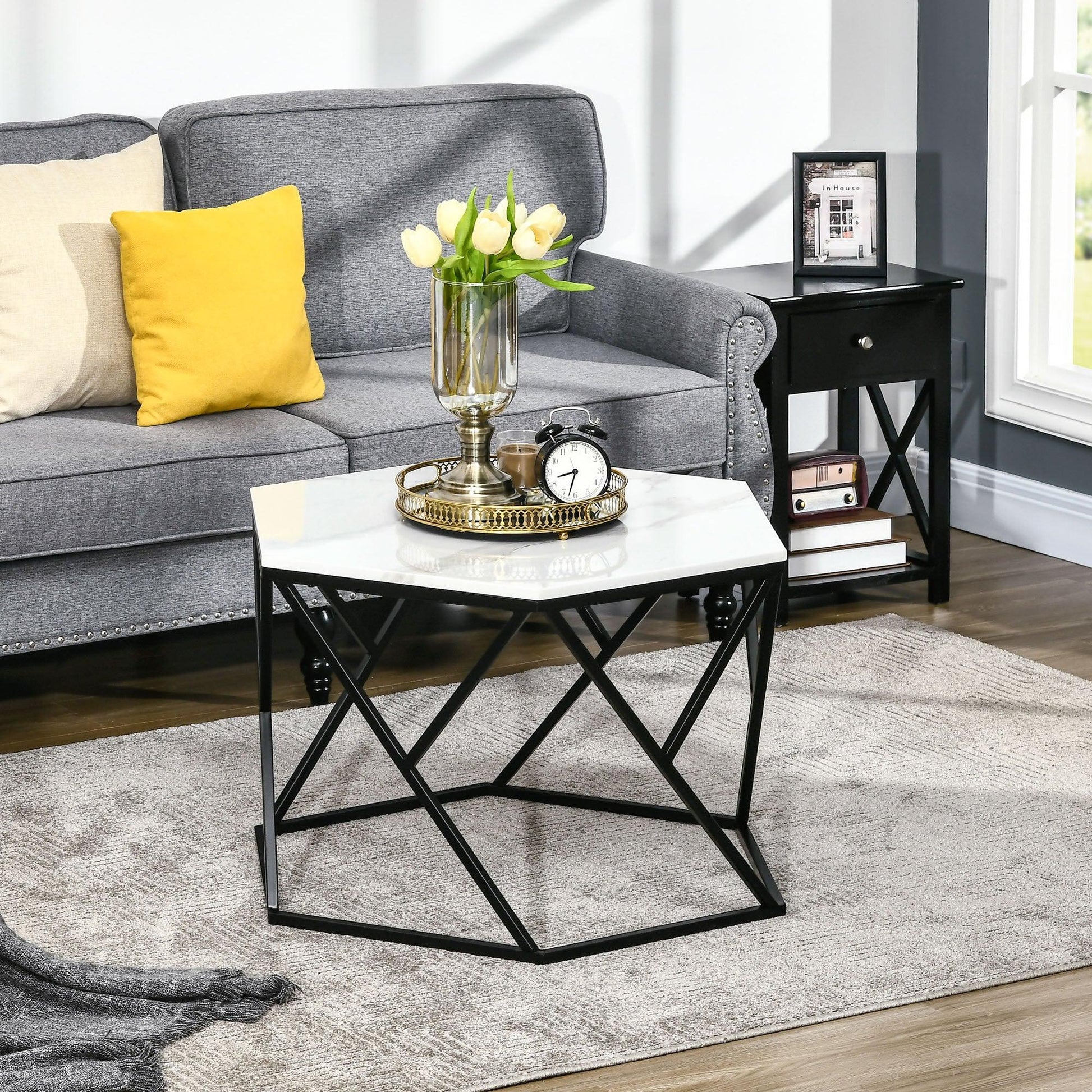 HOMCOM Modern White Marble Coffee Table with Steel Frame for Living Room - ALL4U RETAILER LTD