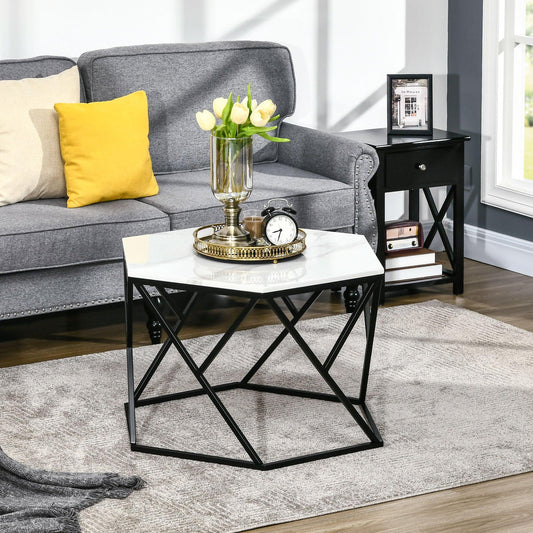 HOMCOM Modern White Marble Coffee Table with Steel Frame for Living Room - ALL4U RETAILER LTD