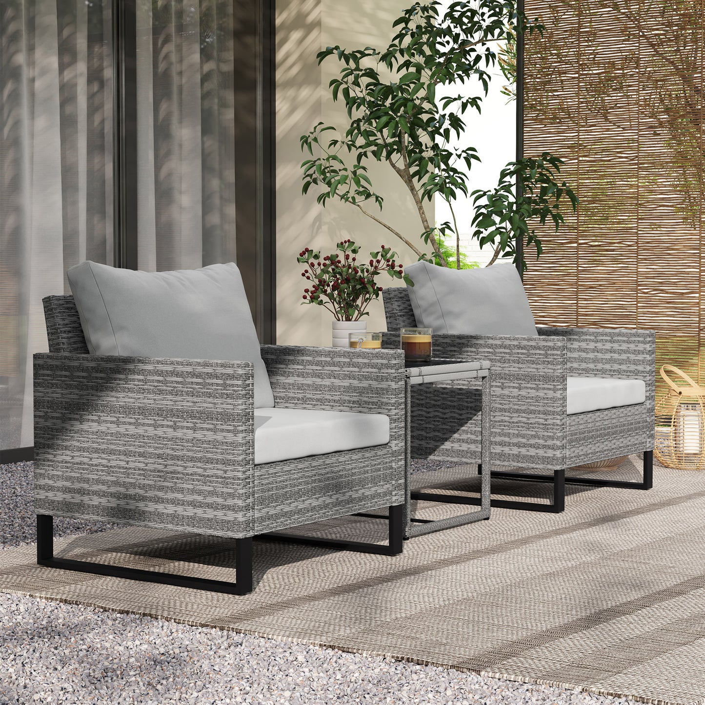 Outsunny 3 Piece Rattan Bistro Set With 4 Cushions Wicker Garden Furniture Glass Top Table For Outdoor Patio Grey