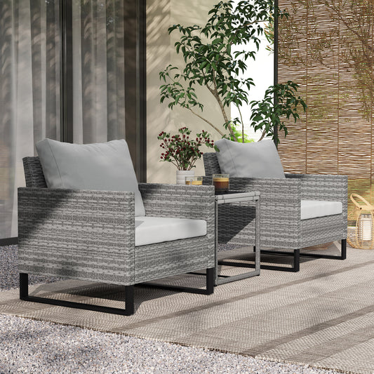 Outsunny 3 Piece Rattan Bistro Set With 4 Cushions Wicker Garden Furniture Glass Top Table For Outdoor Patio Grey