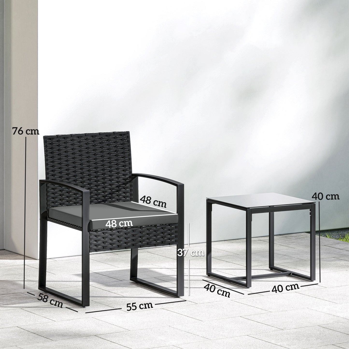 Outsunny Rattan Bistro Set 3 Piece Garden Furniture All Weather PE Rattan Glass Top Table Cushions Dark Grey