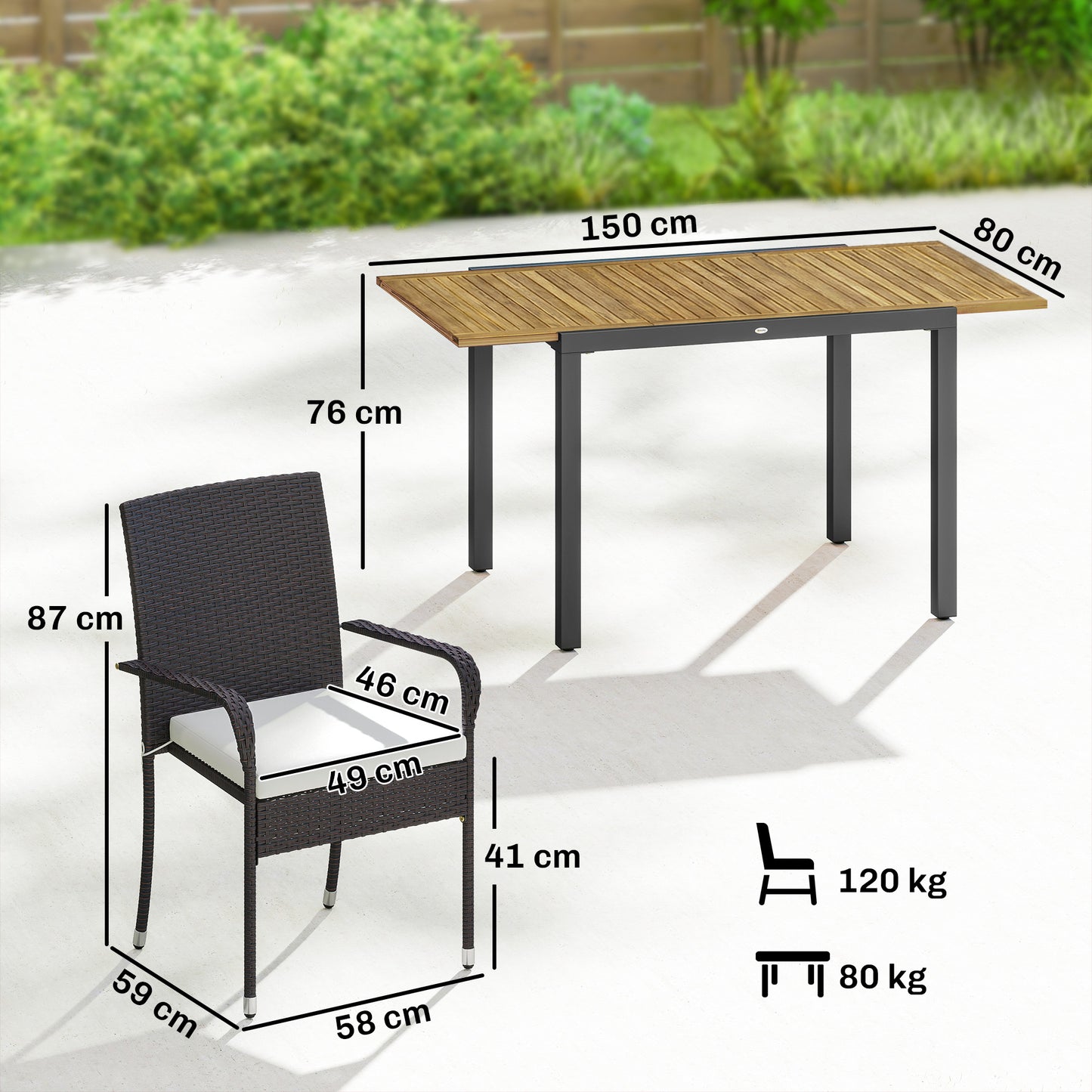 Outsunny 7 Piece Rattan Garden Furniture Set With Extendable Acacia Wood Tabletop 6 Stackable Chairs