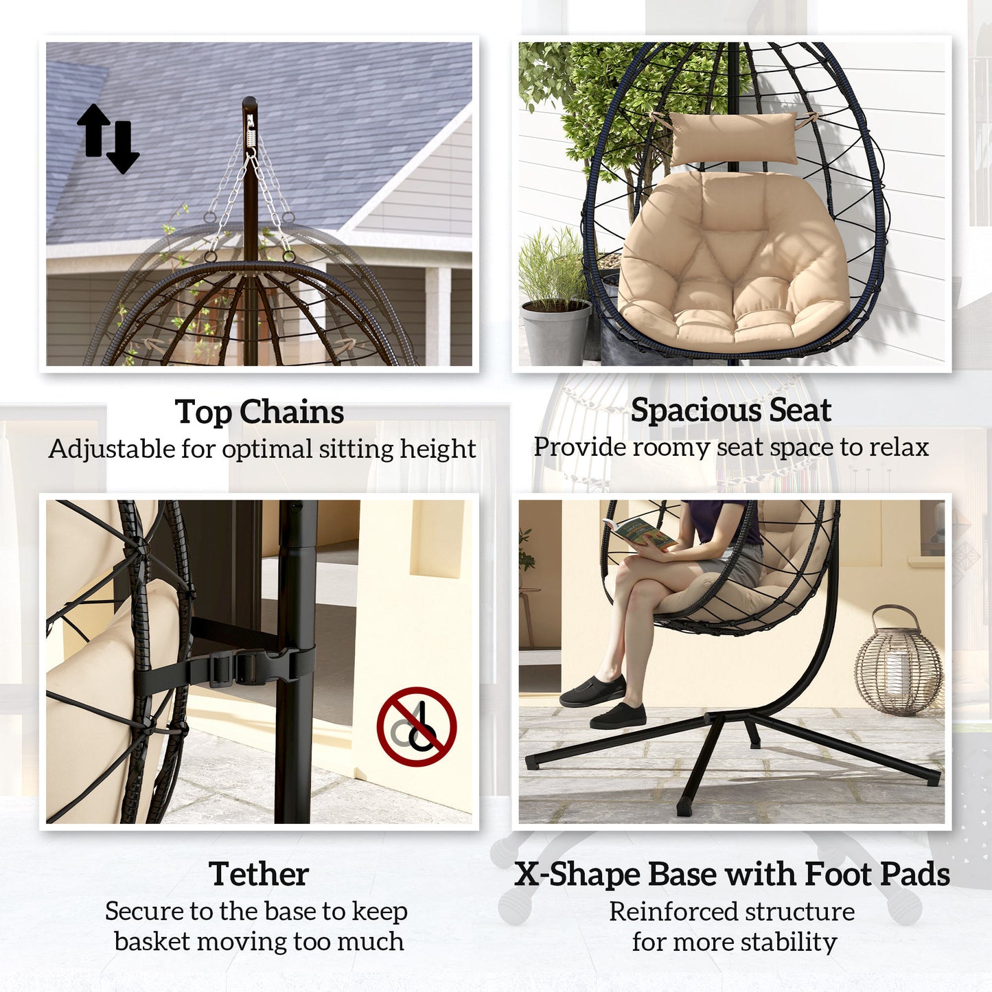 Outsunny Hanging Egg Chair With Stand For Patio Balcony Folding Basket 15cm Thickened Cushion With Headrest Khaki