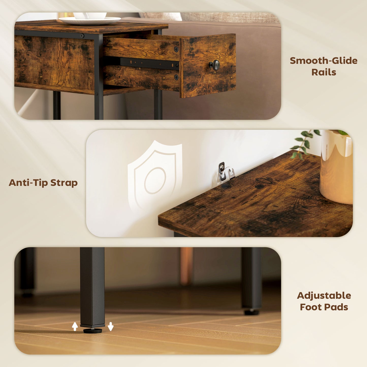 HOMCOM Narrow Side Table With Drawer And Storage Shelf Industrial Rustic Brown And Black Frame
