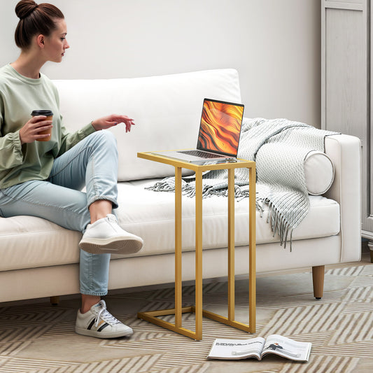HOMCOM C Shaped Side Table With Tempered Glass Top Slim Gold Tone End Table For Small Spaces