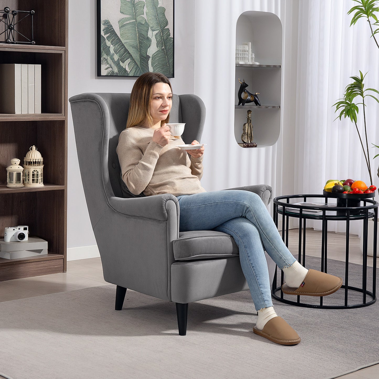 HOMCOM Modern Velvet Wingback Reading Chair With High Backrest And Removable Pillow Cover Solid Wood Legs Dark Grey