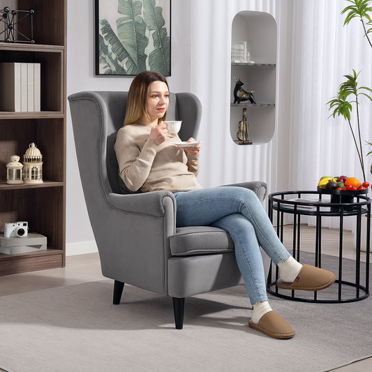 HOMCOM Modern Velvet Wingback Reading Chair With High Backrest And Removable Pillow Cover Solid Wood Legs Dark Grey