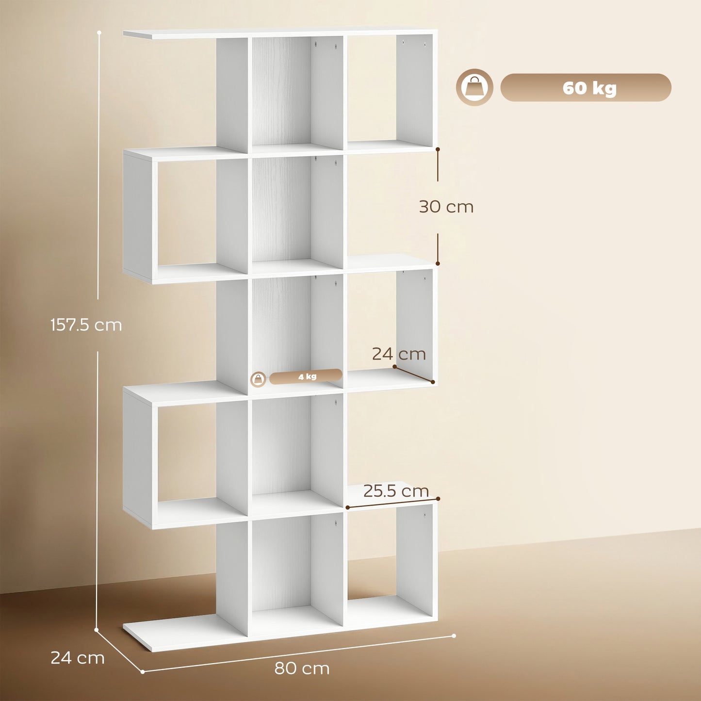 HOMCOM 5 Tier S Shaped Geometric Bookcase With 15 Compartments White Wood Effect Bookshelf