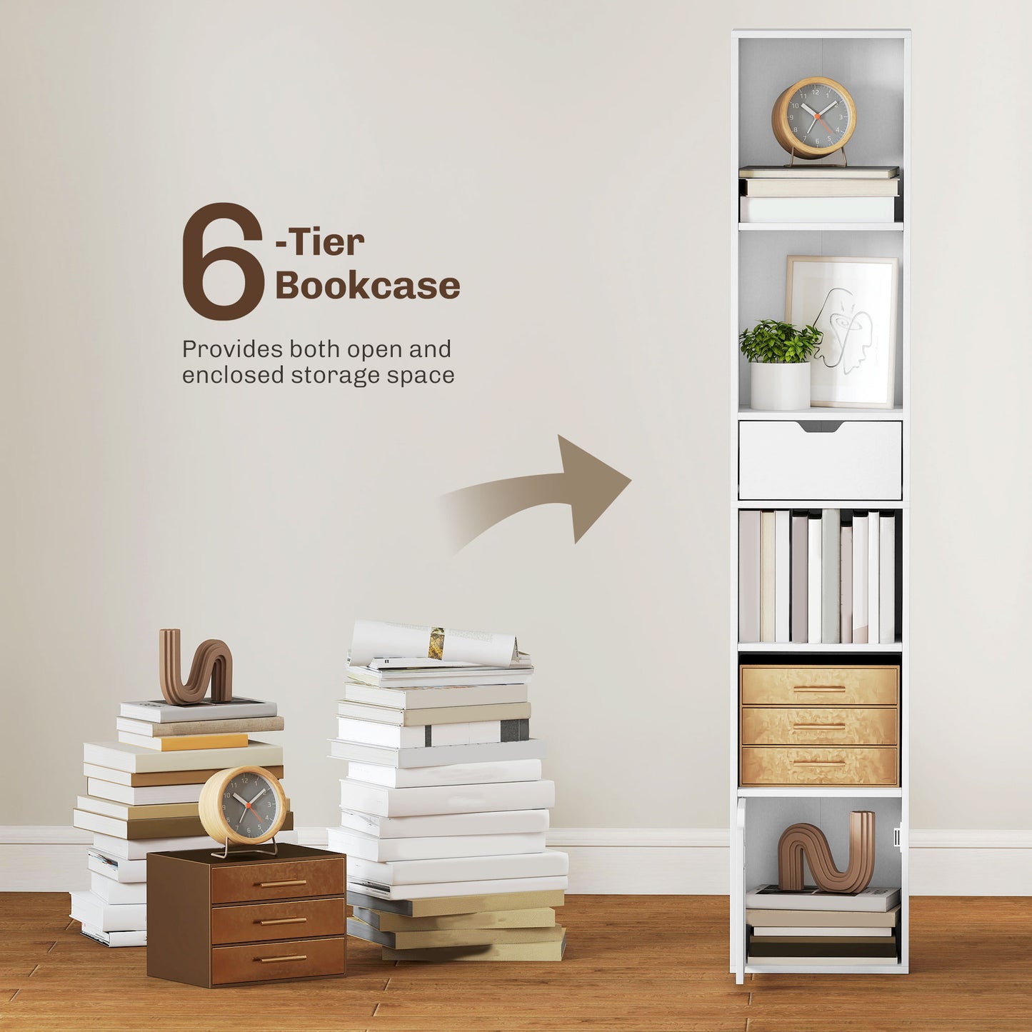 HOMCOM 6-Tier Tall Narrow Bookcase With Drawer And Door White Finish For Living Room Office Storage