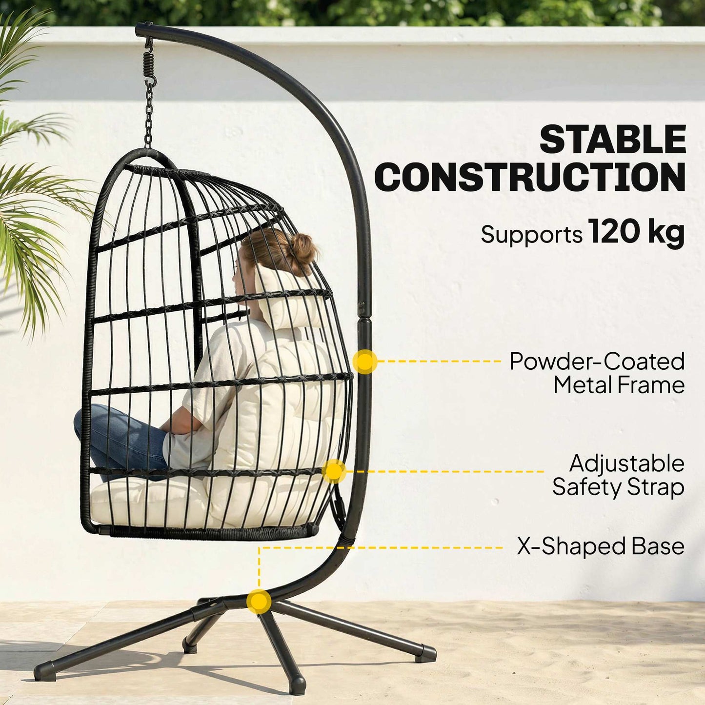 Outsunny Hanging Egg Chair With Stand For Indoor Outdoor Use Height Adjustable Cushioned Back Black Cream White