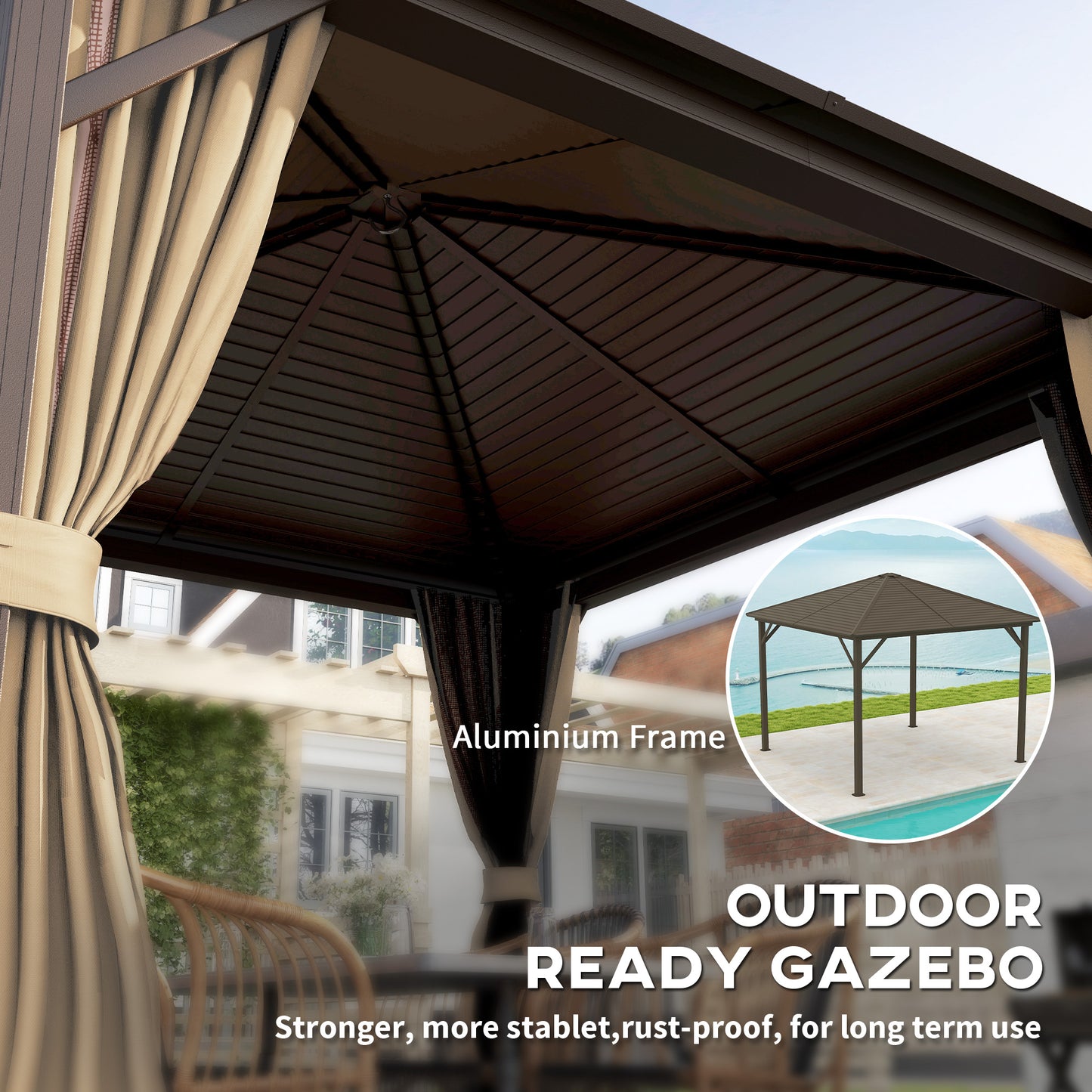 Outsunny 3 By 3 Meter Metal Hardtop Gazebo With Curtains And Accessories Weather Resistant Brown
