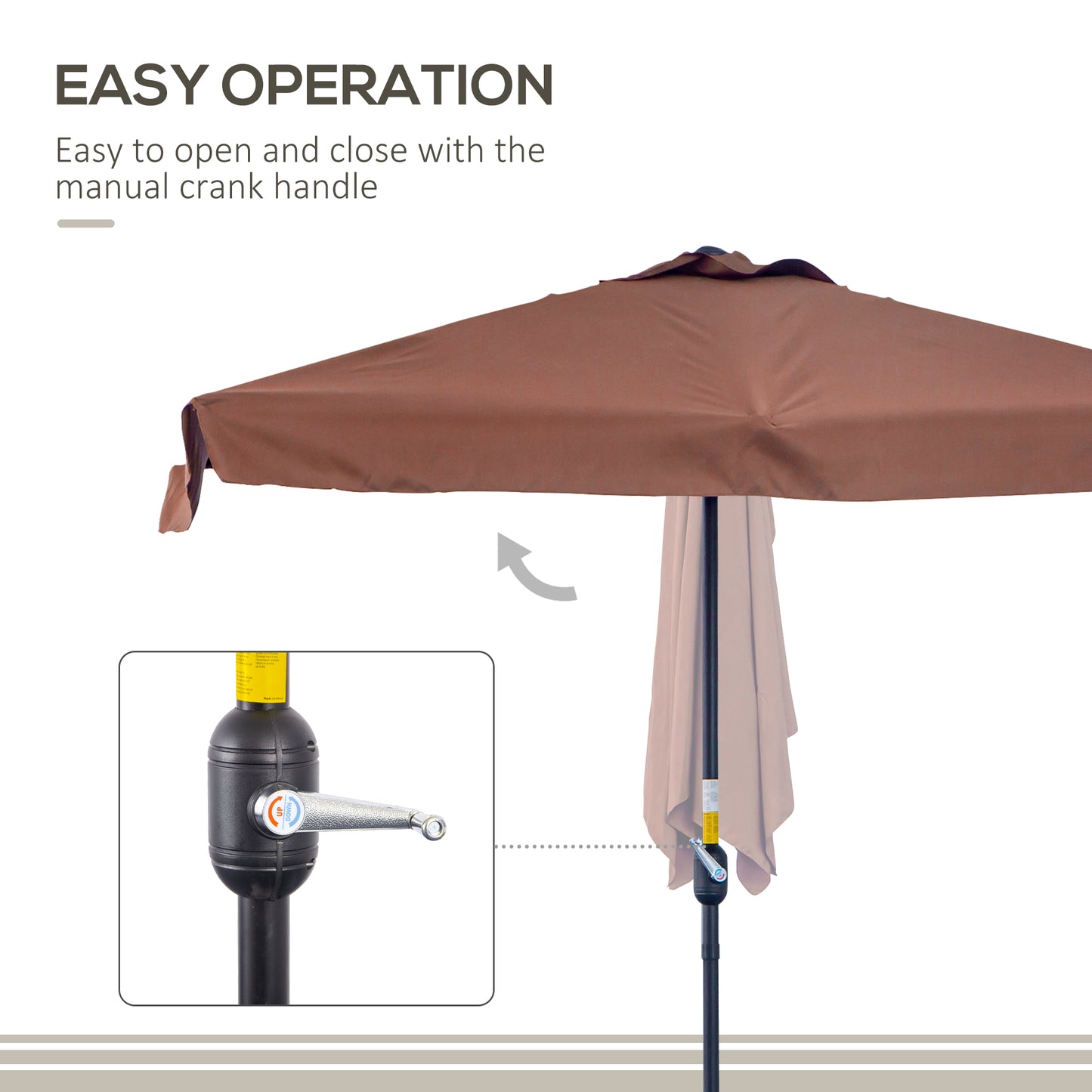 Outsunny 2.3m Wall-Mounted Semi Round Patio Umbrella with Metal Frame and Crank Handle - Brown (Base Not Included) - ALL4U RETAILER LTD