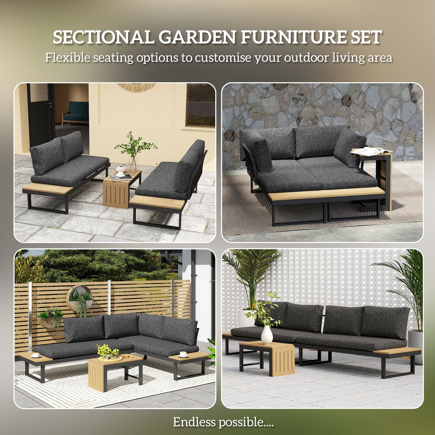 Outsunny 4 Seater Aluminium Sectional Garden Furniture Set With 2 Loveseats And Wood Plastic Coffee Table Natural Wood
