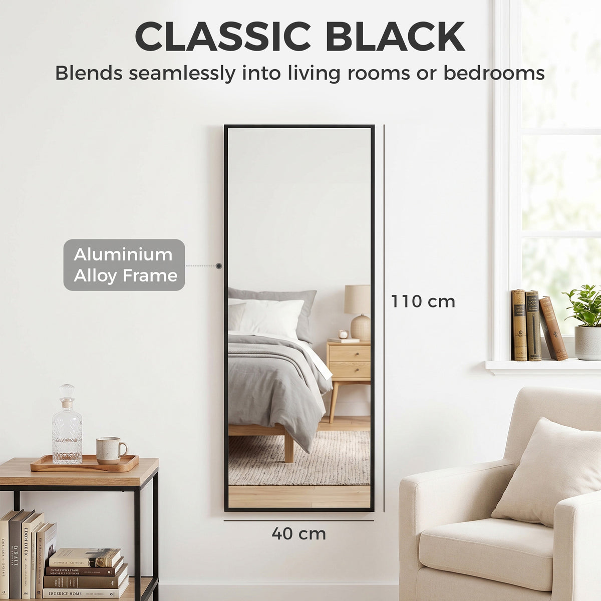 Classic black full-length mirror with slim frame and reflective glass