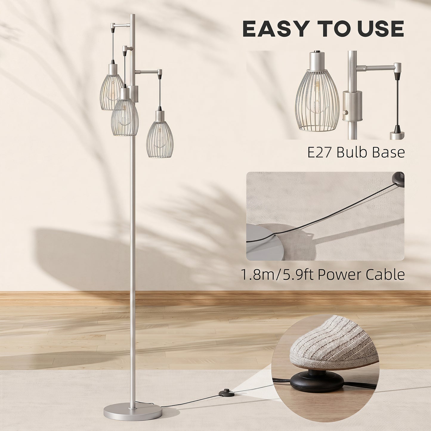 HOMCOM 170.5cm Industrial Dimmable Standing Lamp Three Light Floor Lamp With Steel Wire Cage Lampshades Silver Tone