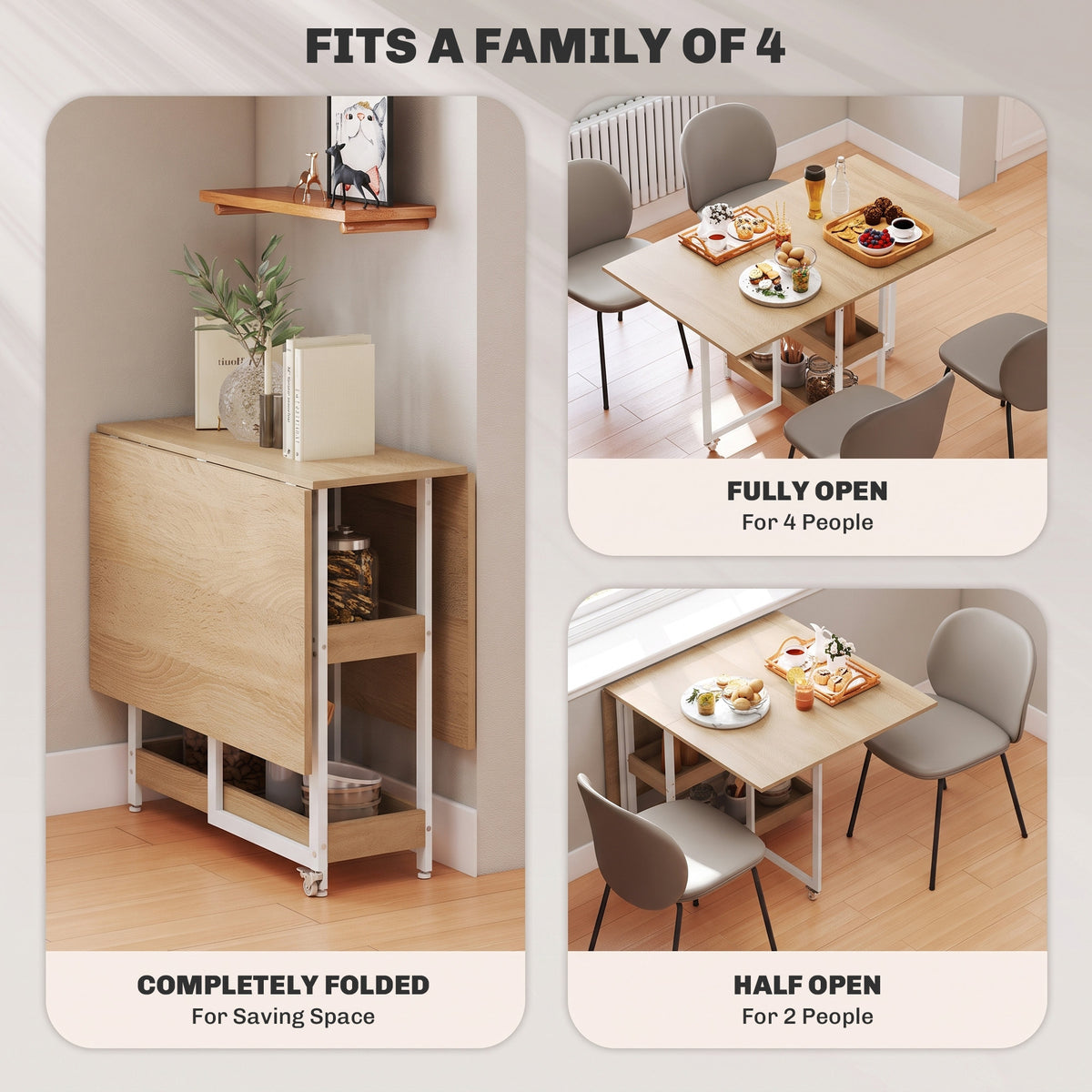 Light wood drop-leaf dining table with white metal frame, fully open and partially open use