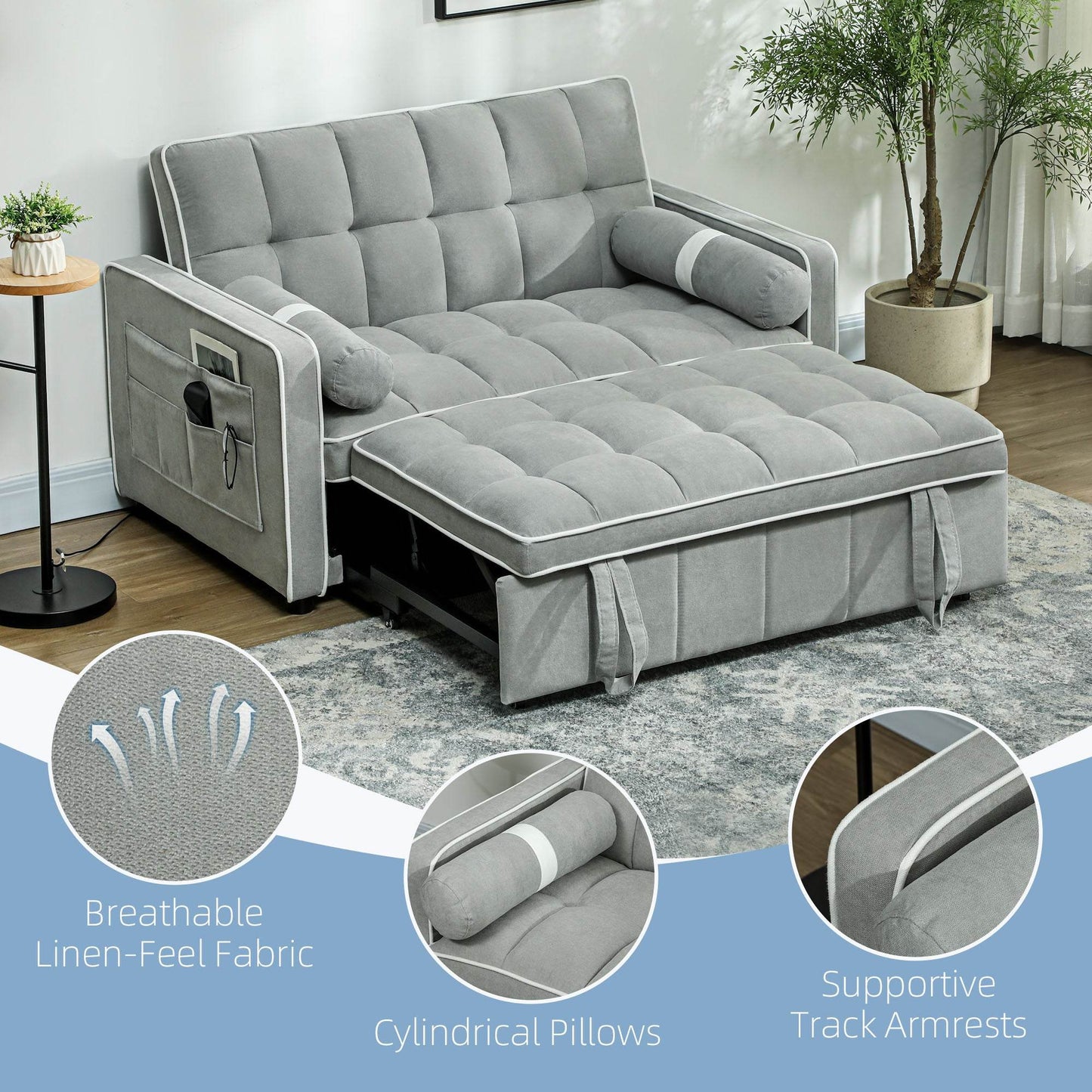 HOMCOM Light Grey Linen-Look Convertible Sofa Bed with Adjustable Backrest - ALL4U RETAILER LTD
