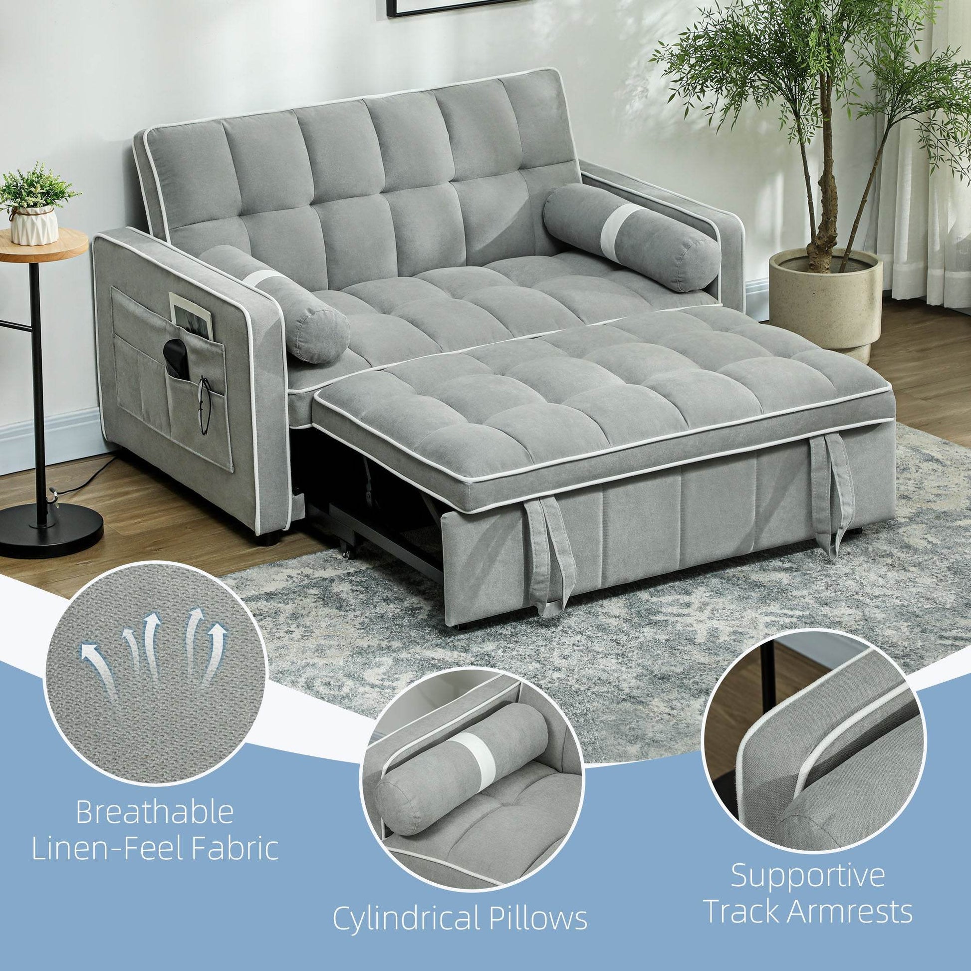 HOMCOM Light Grey Linen-Look Convertible Sofa Bed with Adjustable Backrest - ALL4U RETAILER LTD