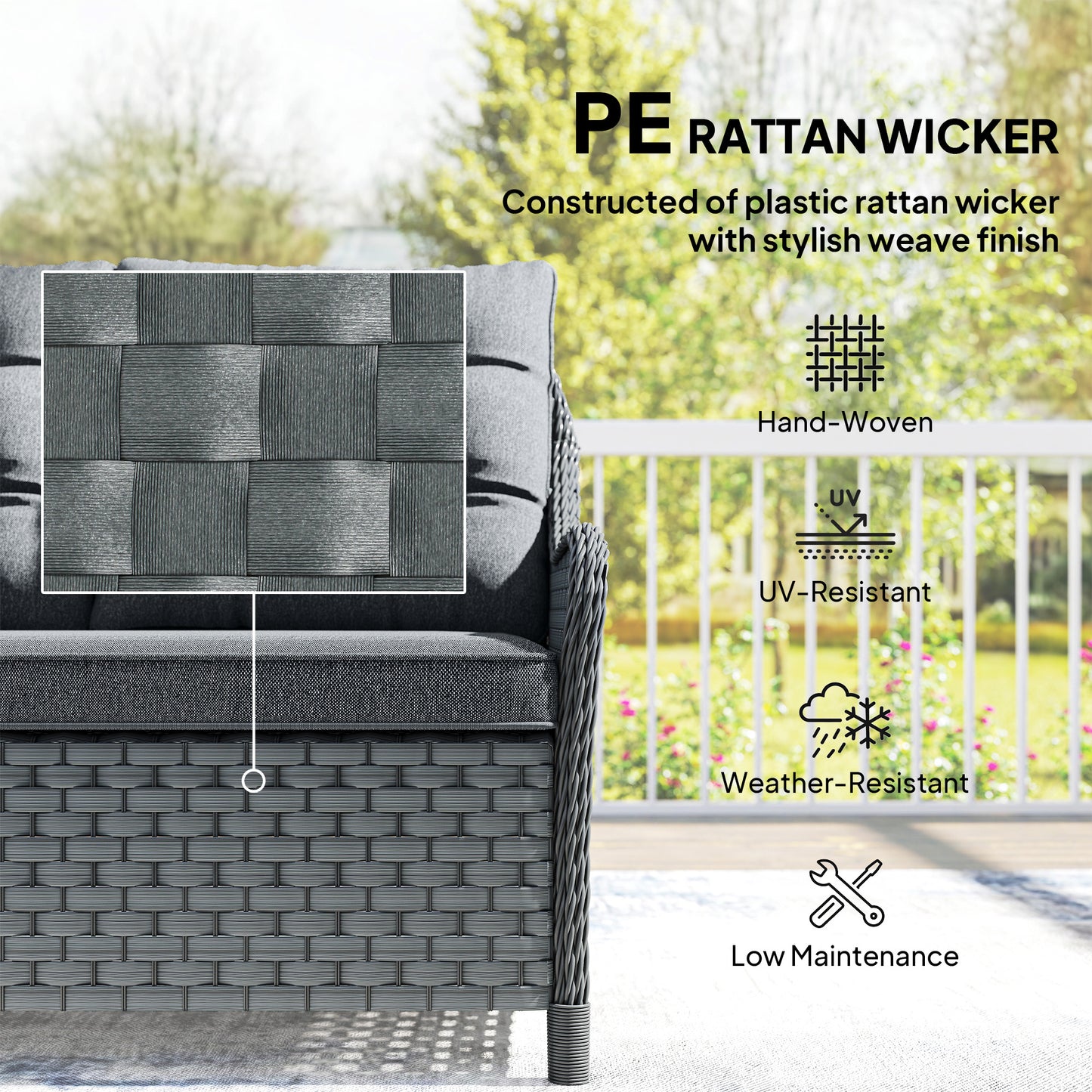 Outsunny Four Piece Wicker Patio Furniture Set With Two Armchairs Loveseat And Glass Coffee Table In Dark Grey