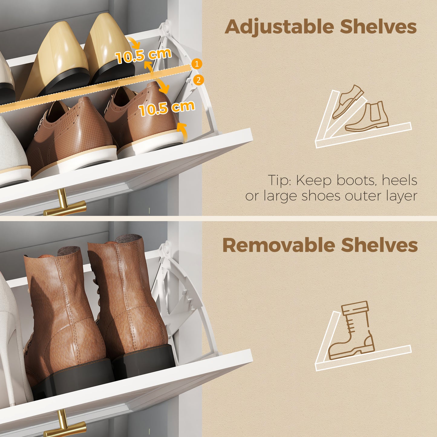 HOMCOM Shoe Storage Cabinet With 3 Flip Drawers And Adjustable Shelves Narrow Farmhouse White