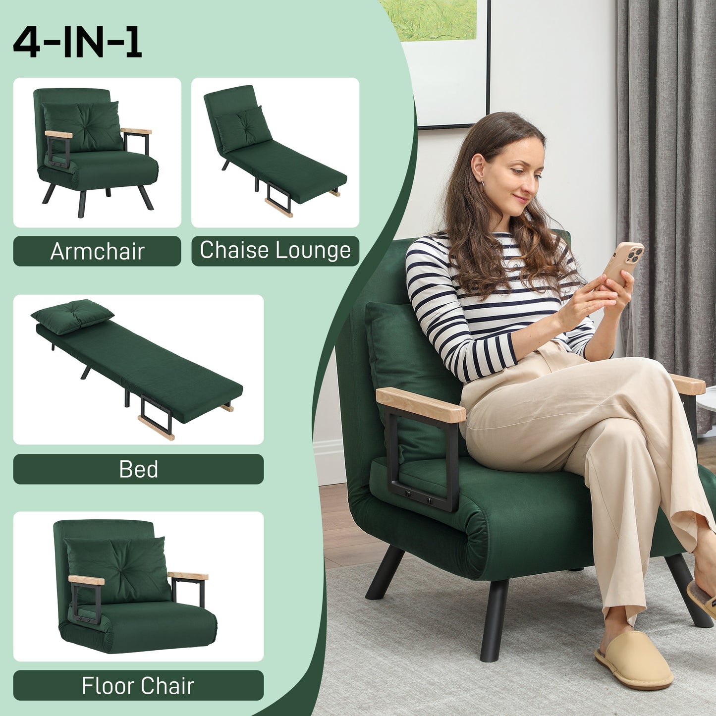 HOMCOM 4-In-1 Velvet-Feel Single Chair Bed With Pillow Green Portable Folding Sofa Bed