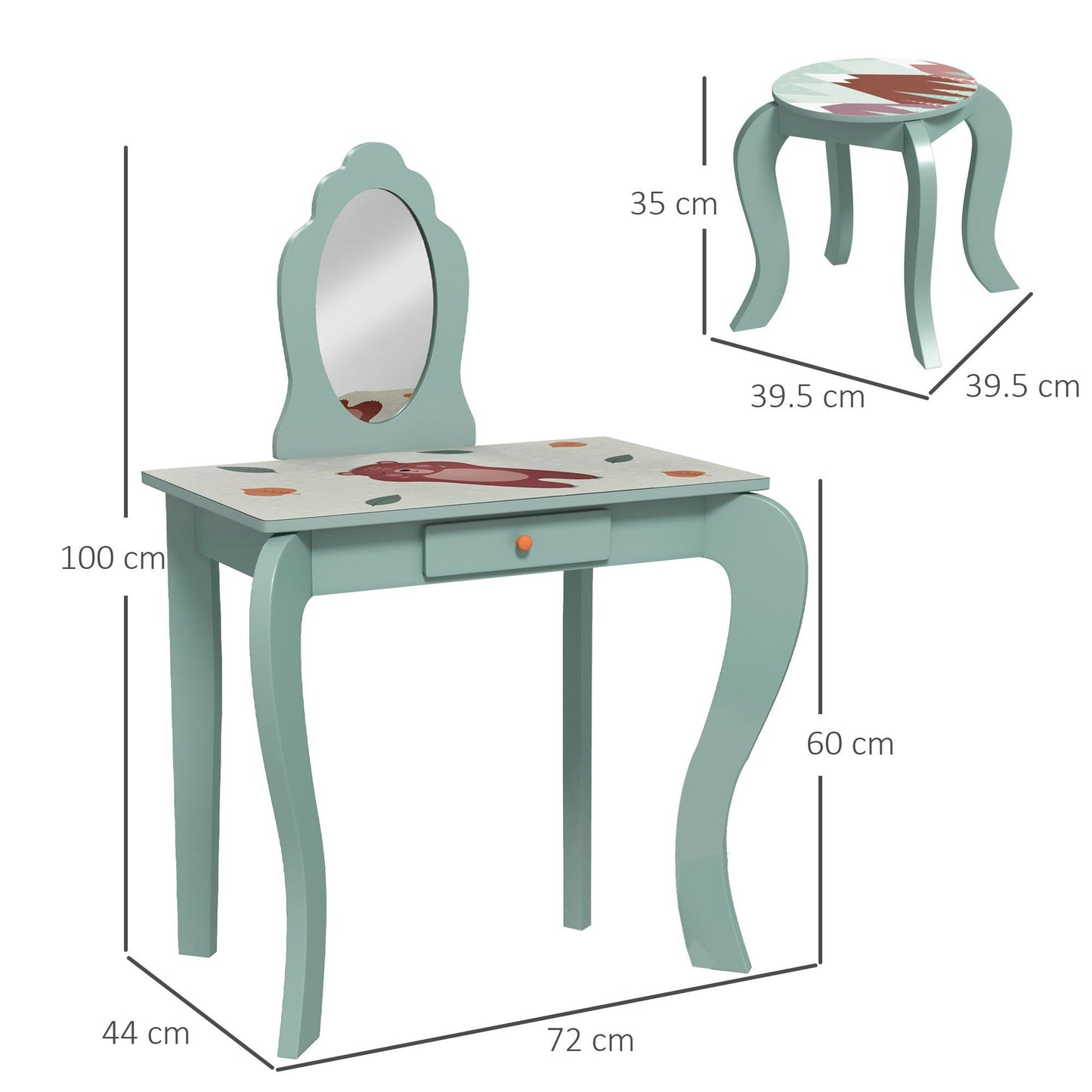 ZONEKIZ Green Kids Dressing Table with Cute Animal Design - 3-6 Years - ALL4U RETAILER LTD