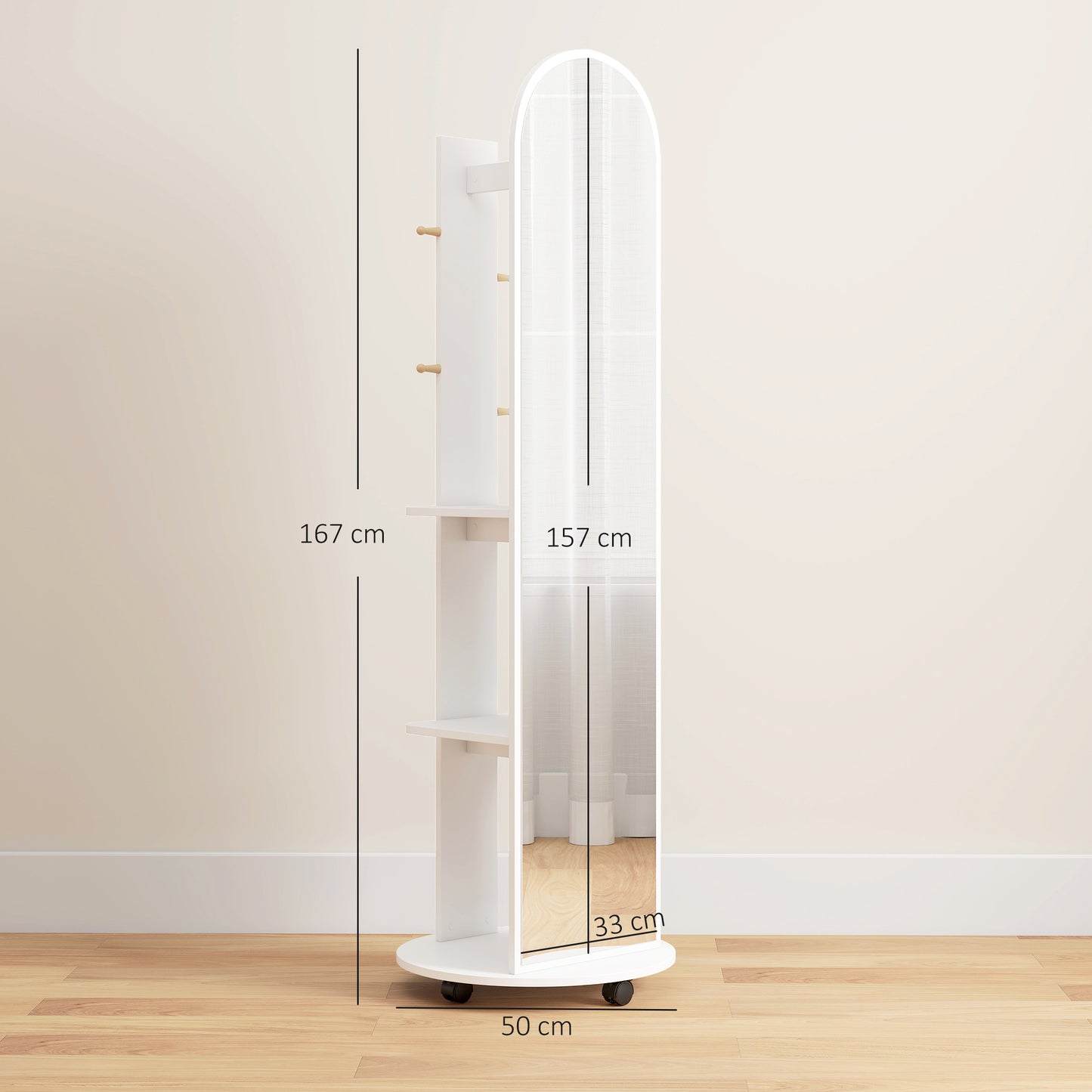 HOMCOM 2 In 1 Full Length Mirror With Hidden Storage Shelves Coat Rack And Hooks White Floor Mirror With Wheels