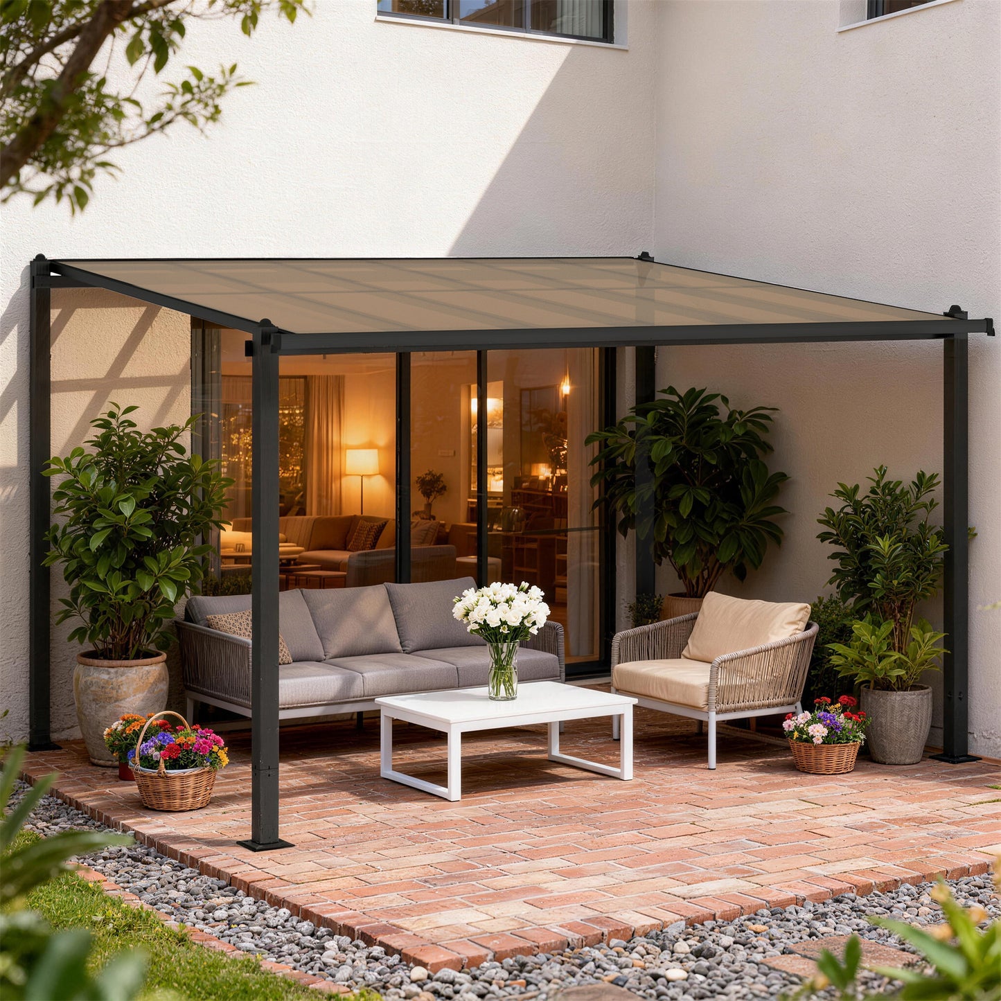 Outsunny 3.6 x 3 m Lean To Garden Pergola With PC Roof Aluminium Frame Hardtop Gazebo With Drainage Gutters Dark Grey