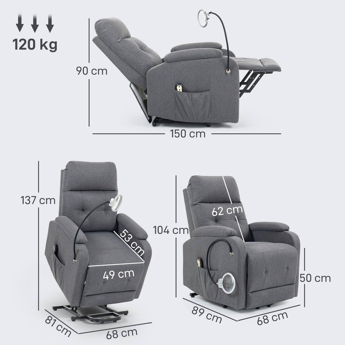 HOMCOM Electric Rise And Recline Armchair With Built In LED Reading Light For Mobility Grey