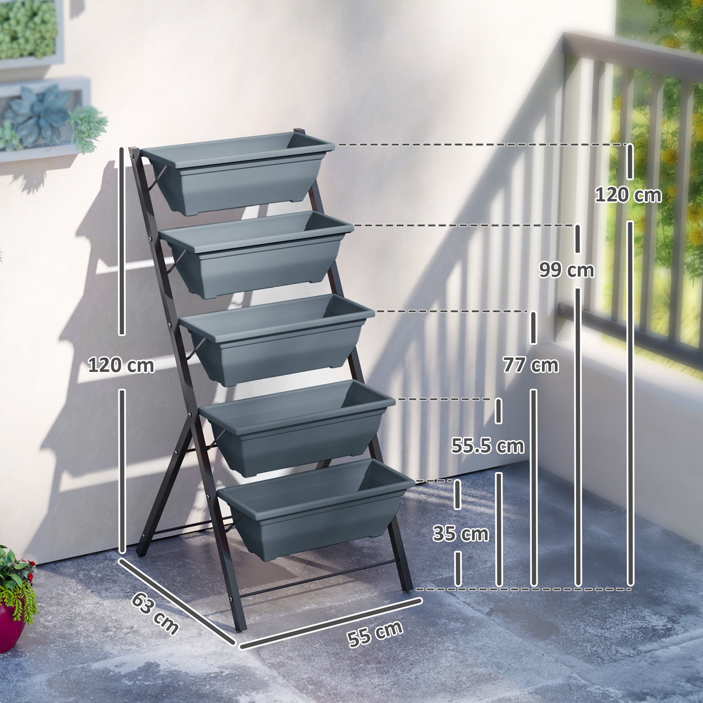 Outsunny 5 Tier Raised Garden Bed Vertical Ladder Plant Stand With 5 Removable Boxes Drainage Holes And Plugs Grey