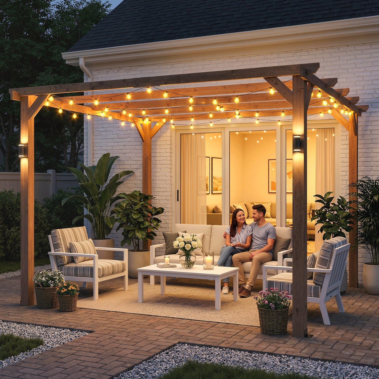 Outsunny 3x3m Wooden Pergola Kit Garden Gazebo Grape Trellis With Triangle Supports Five Beams Maple Wood Effect